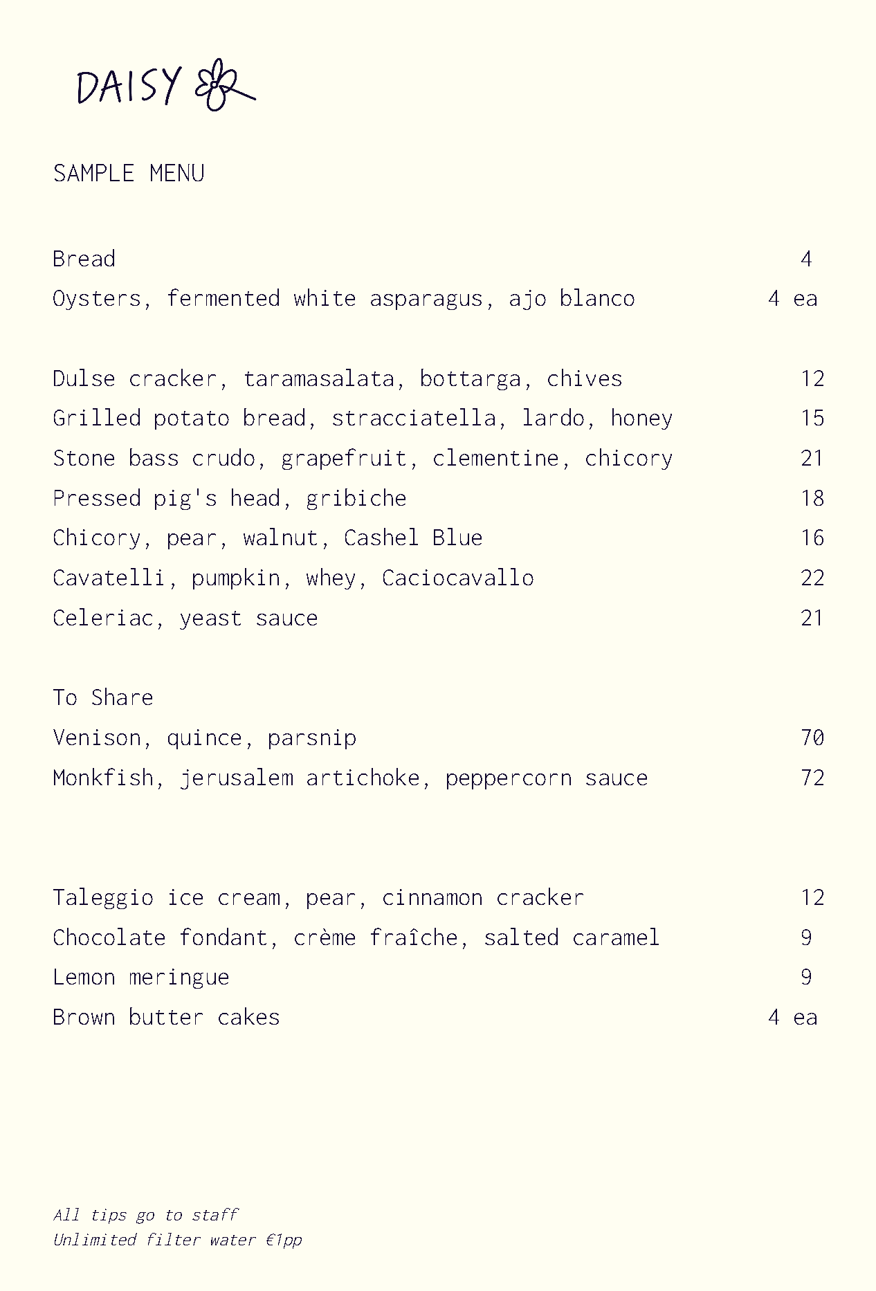 Daisy main menu, including dishes and prices